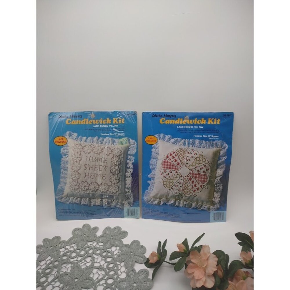Vintage 1983 Candlewick 13"Lace Edge Pillow Kits, Home Sweet Home, Dresden Plate